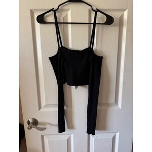 NWT Zara Black Ribbed Cold Shoulder Long Sleeve Crop Top Size Medium‎